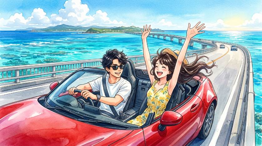 古宇利大橋をオープンカーで爽快にドライブする男女カップルのイラスト